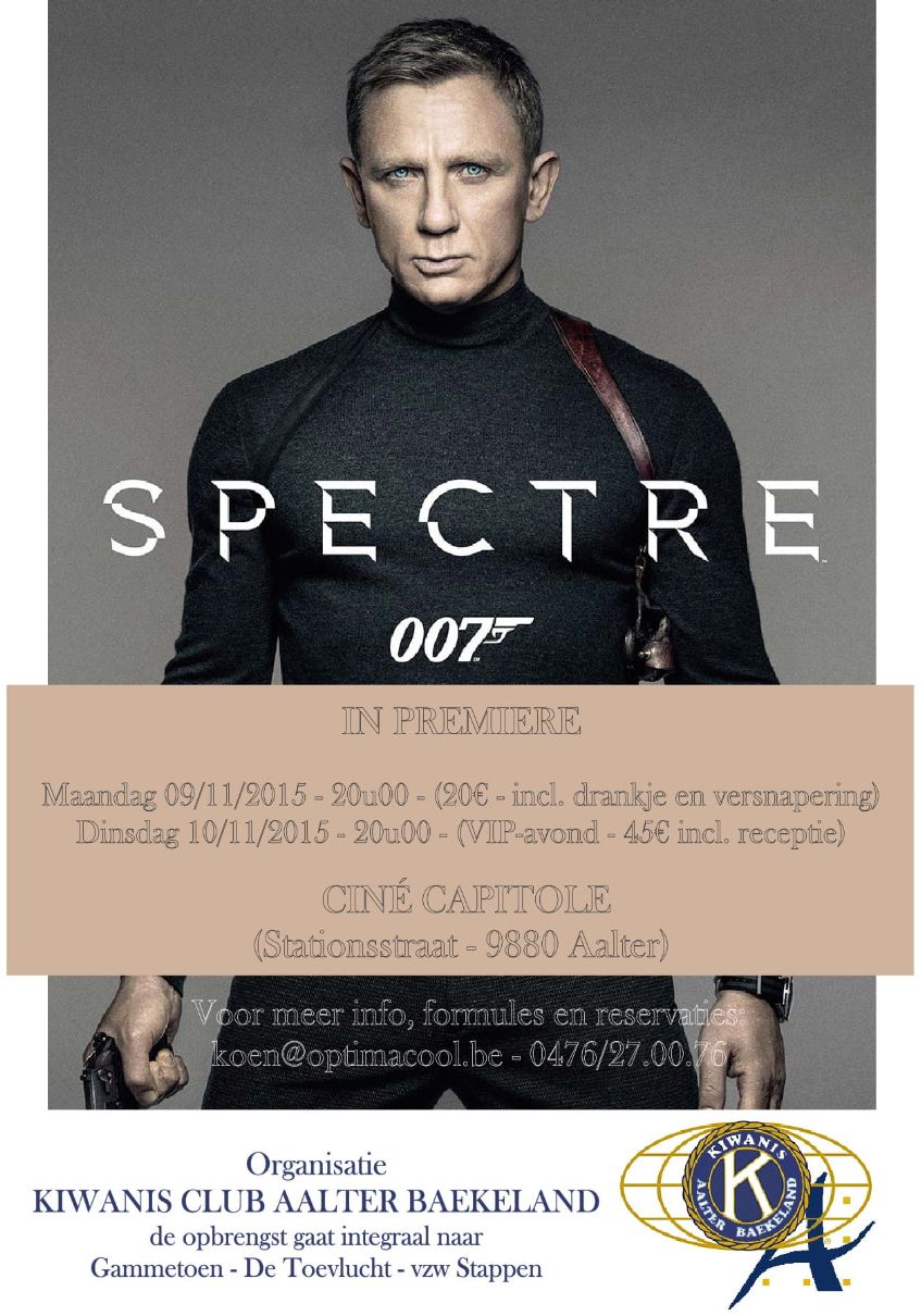 Op de kalender bij Kiwanis Aalter: 09.11.2015-10.11.2015 » Filmavond - James Bond Spectre